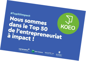 carte de visite KOEO avec mention top 50 de l'entrepreneuriat