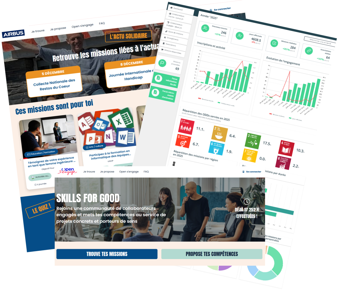 juxtaposition de trois captures des applications développées par Koeo pour le mécénat de compétences